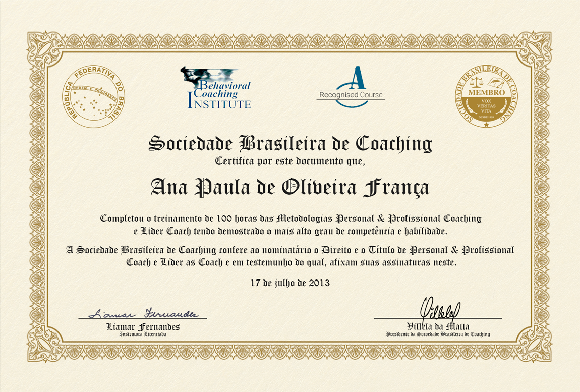 COACH ANA PAULA - CERTIFICADO - SOCIEDADE BRASILEIRA DE COACH 